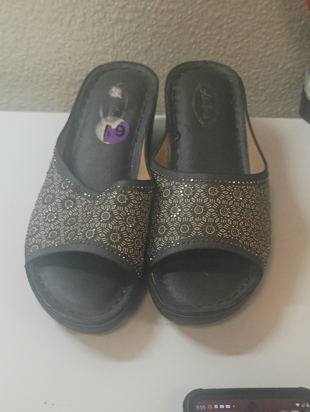 Women's Black Slide Mules with Gold Stud Pattern